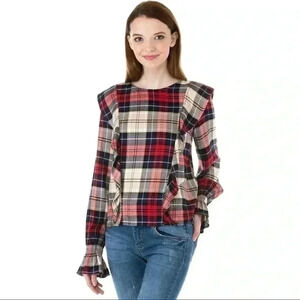 Kensie Jeans | Brittany Plaid Top w/ Front Ruffles